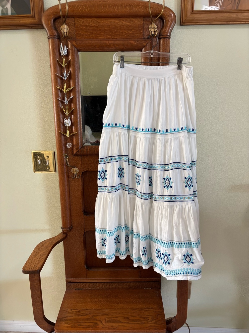 Boston Proper White Maxi Skirt with Blue & Teal Embroidery